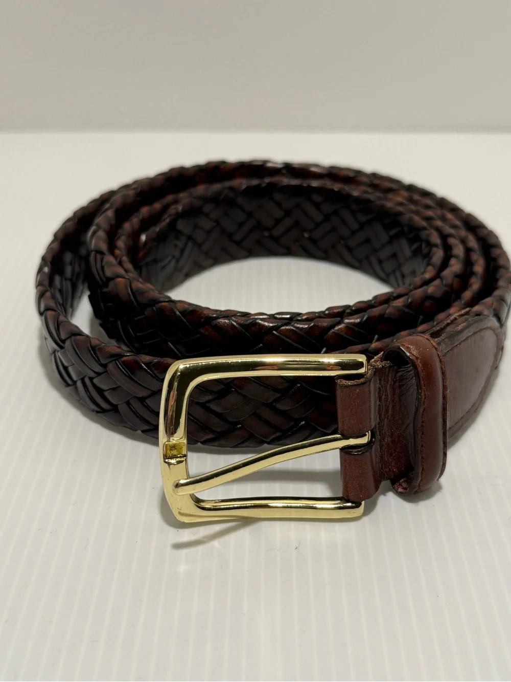 VTG 80s 90s Men's Brown Braided Leather Belt Gold Buckle Size 44 Retro Preppy